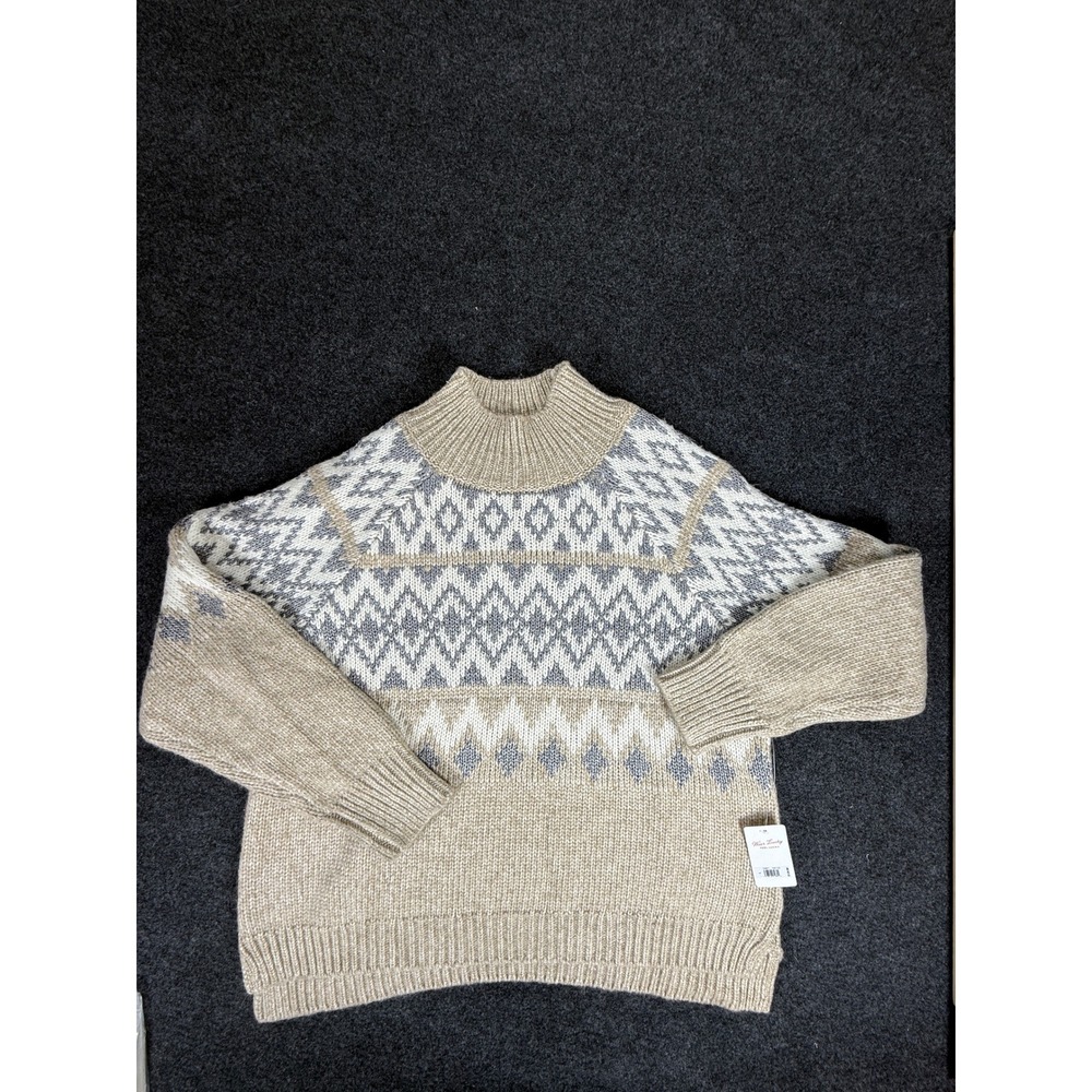 Lucky Brand Sweater Womens Large Beige Fair Isle Mock Neck Chunky Knit New